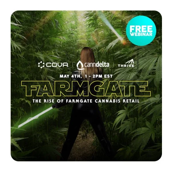 The banner of Cova Farmgate Webinar with the text "The Rise of Farm Gate Cannabis Retail"