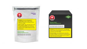 Examples of compliant THC packaging with warning labels, THC & CBD percentages, and company logos.