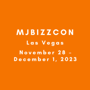 An orange square. Within the orange square is white lettering that reads: MJBIZZCON Las Vegas November 28 - December 1, 2023. MJBizzcon is a marijuana business conference and trade show.