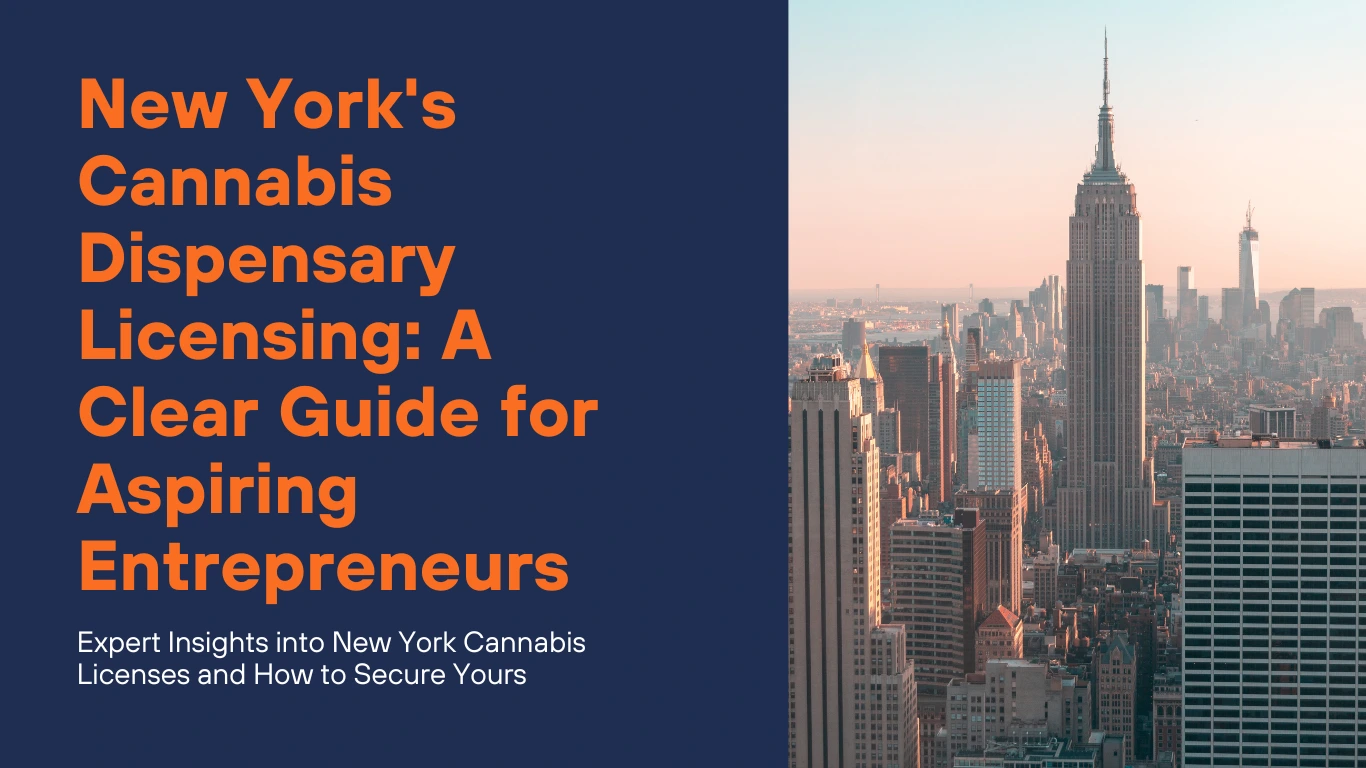 New York City skyline with text: 'Cannabis Dispensary Licensing Guide