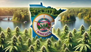 Image of Cannabis and Trees Along with an Outline of Minnesota State Lines