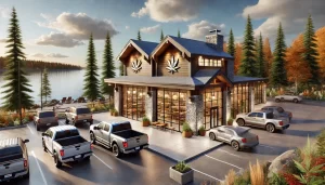 Image of a Minnesota dispensary on a lake. It is fall in the picture, and there are cars parked in a lot surrounding the dispensary.