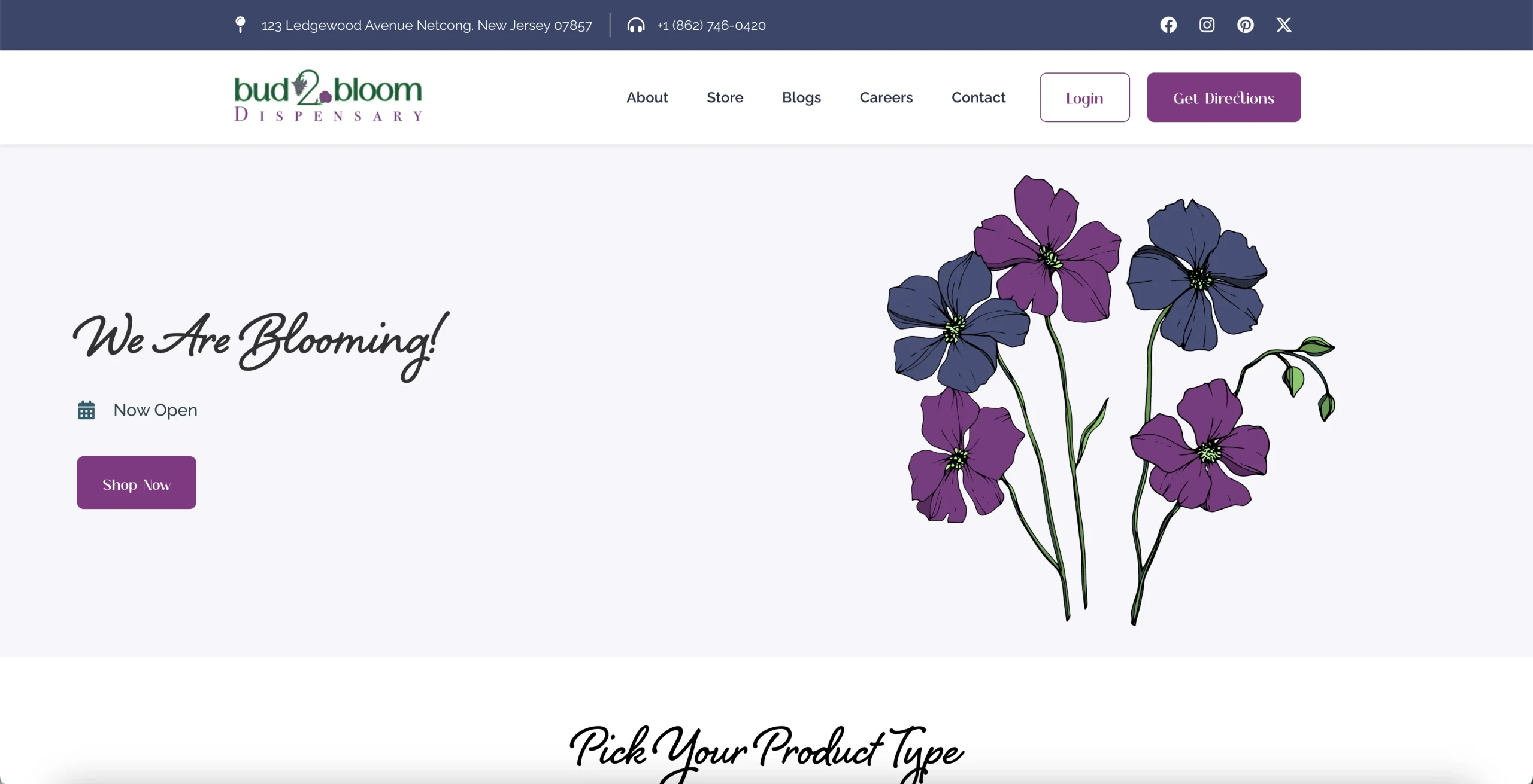 Image of the Bud 2 Bloom Dispensary website home page. It shows a bundle of flowers.