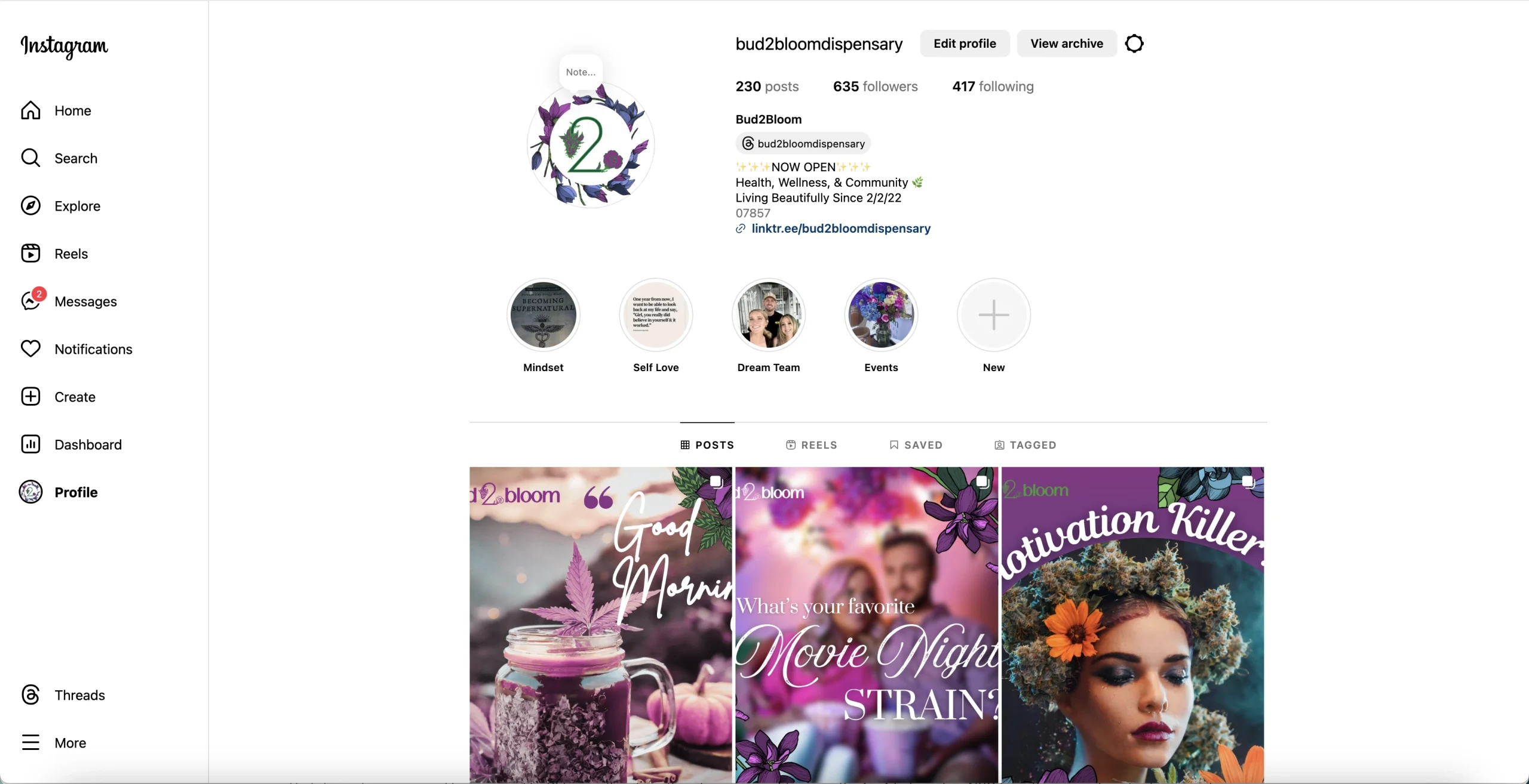 Bud 2 Bloom Instagram page showing some posts