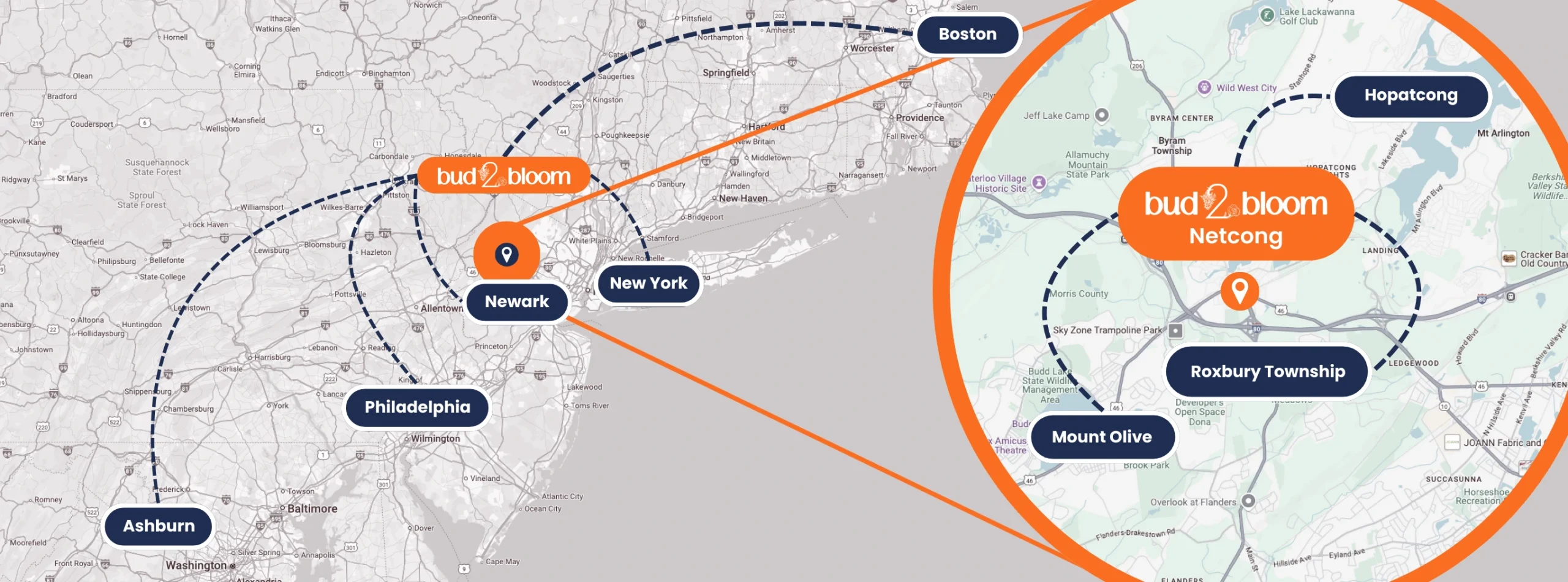Image of a map with Bud 2 Bloom symbol magnified. lines from different destinations leading to Bud 2 Bloom.