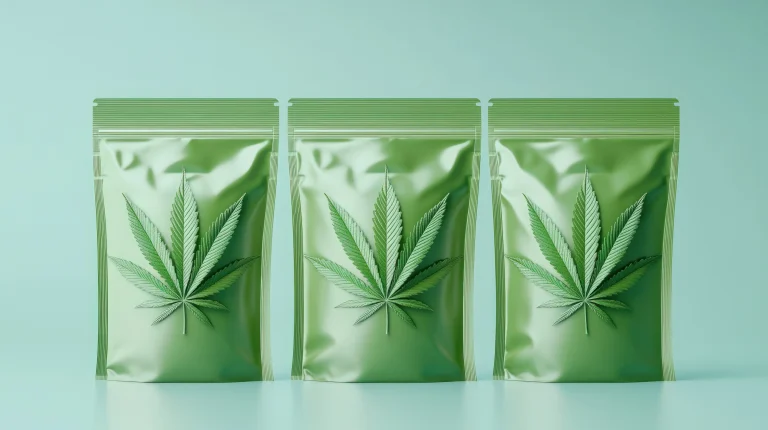 Three matte green cannabis pouches with large cannabis leaf icons, arranged side by side on a light green background.