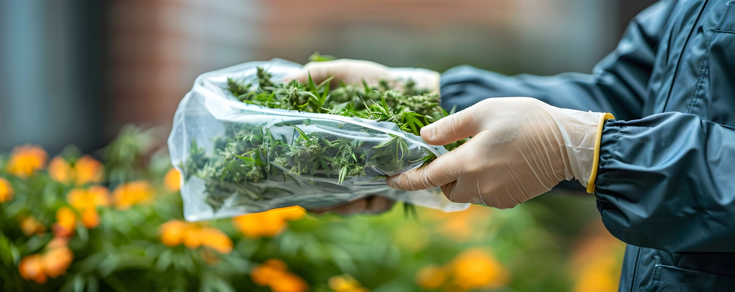 Person in gloves and a lab coat holding a clear biodegradable bag filled with freshly harvested cannabis flower.