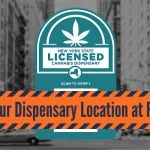 NYS Licensed Cannabis Dispensary seal in teal with the message “Is Your Dispensary Location at Risk?” over a city street background.