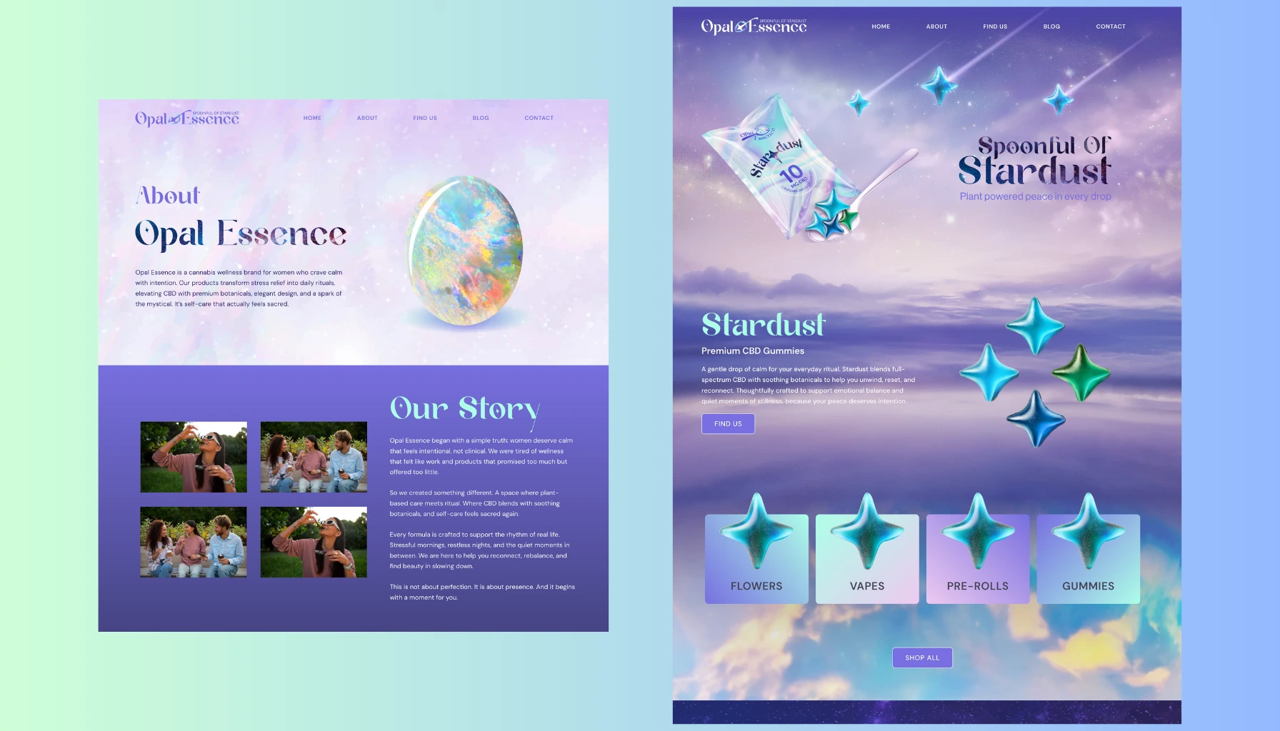 Opalessence website design of home page and about page