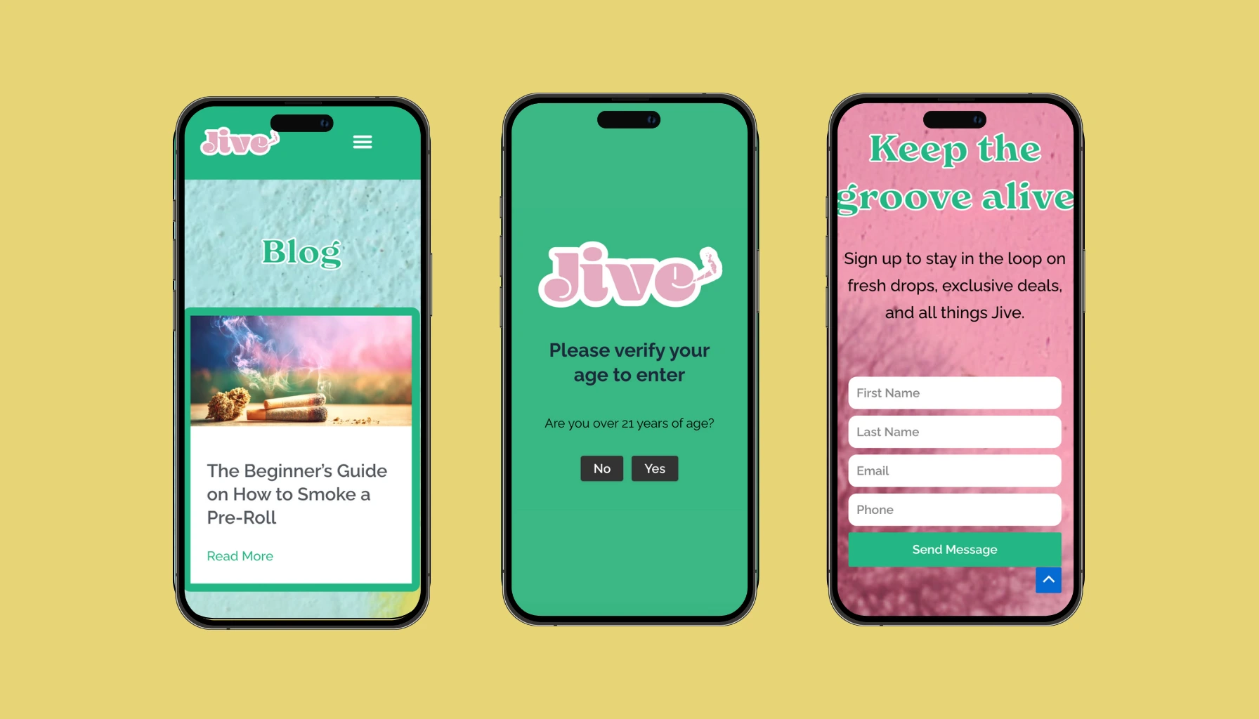 Showing different designs of jive website on 3 mobile screens