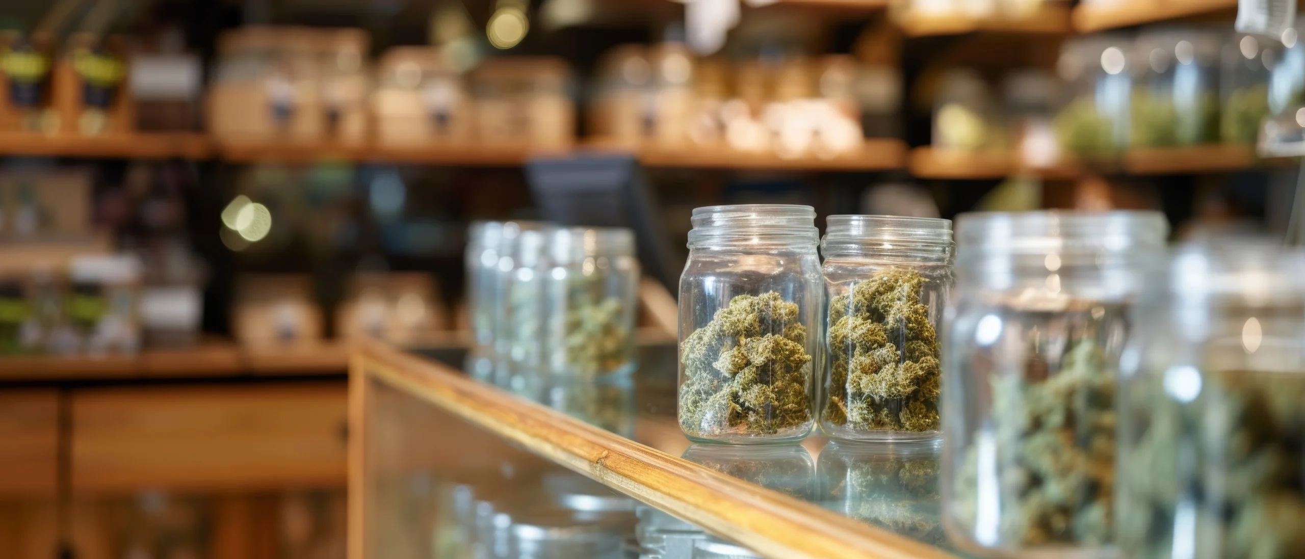 Jars of cannabis buds displayed on a dispensary counter with blurred retail shelves behind.