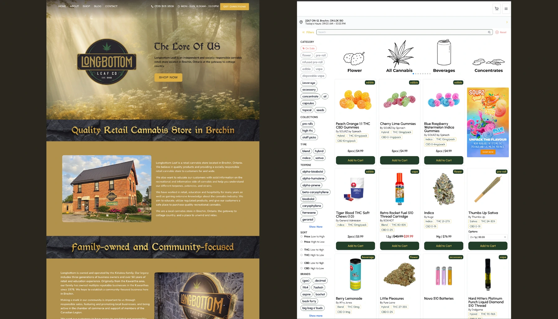 Longbottom Leaf website design of about page and shop page