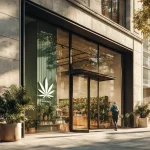 Exterior view of a modern cannabis dispensary with large windows, green cannabis leaf logo, and potted plants lining the entrance.