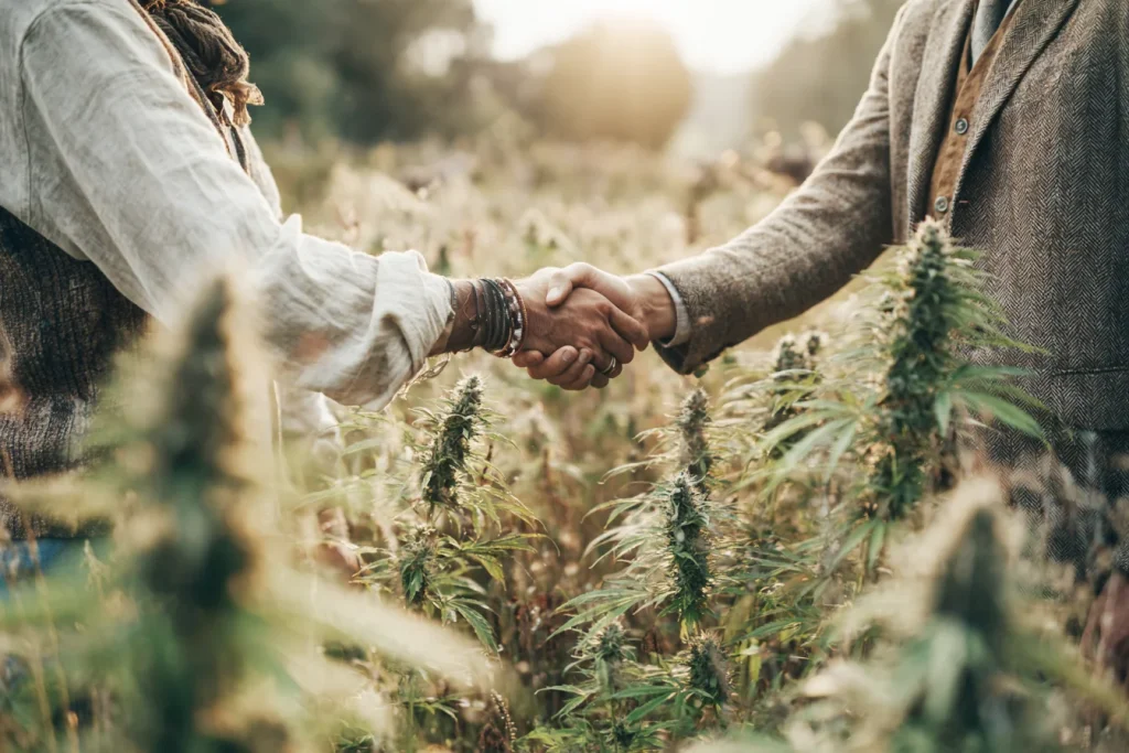 Two people shaking hands in a cannabis field, sealing a partnership surrounded by mature marijuana plants.