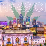 Kansas City skyline at sunset with a large cannabis leaf graphic overlay and bold text reading “Kansas City”.