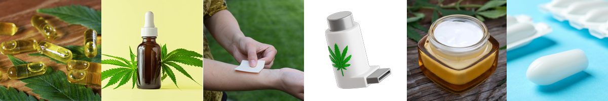 Various forms of medical cannabis products including capsules, tincture, patch, inhaler, topical cream, and suppository.