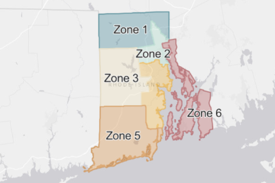 Map of Rhode Island divided into six colored cannabis license zones labeled Zone 1 through Zone 6.