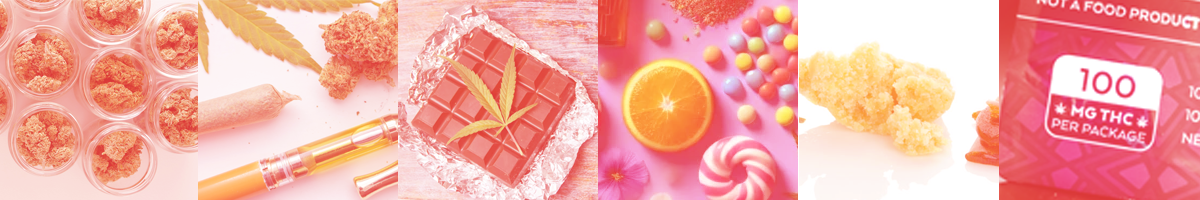 Various restricted cannabis product types including flower, vape pens, edibles, candies, concentrates, and packaging labeled with THC content.