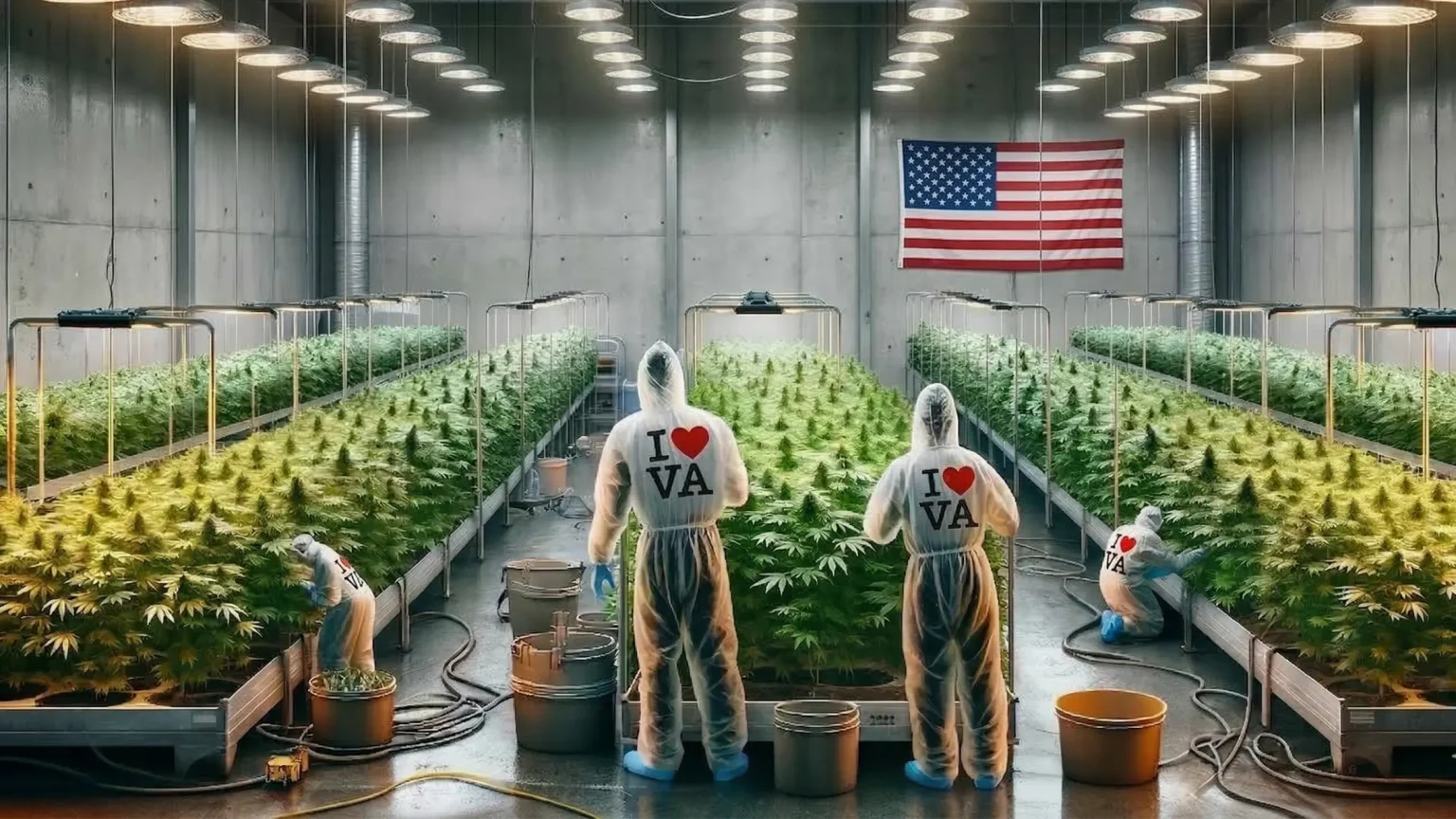 An interior, wide-angle photograph of a clean and modern industrial cannabis cultivation facility in Virginia. Rows of vibrant, green cannabis plants grow in raised metal garden beds under high-intensity overhead LED grow lights. Several workers in white protective hazmat suits and blue shoe covers tend to the plants; the two central workers are facing away from the camera, and their suits feature a prominent "I ❤️ VA" logo on the back. A single, accurate United States flag is mounted on the far concrete wall. The facility has a professional, sterile atmosphere with concrete floors, exposed ductwork, and various utility buckets and hoses organized on the ground.