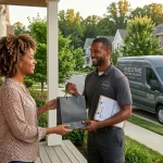 A professional delivery driver in a grey "Executive Premier Delivery" uniform handing a small, discreet black gift bag to a smiling woman on the porch of a suburban home. In the background, a modern grey delivery van is parked on a clean neighborhood street. The scene is bright and friendly, suggesting a high-end, secure, and reliable residential delivery service. The van features "Secure Courier" branding, and the atmosphere is sunny and welcoming.
