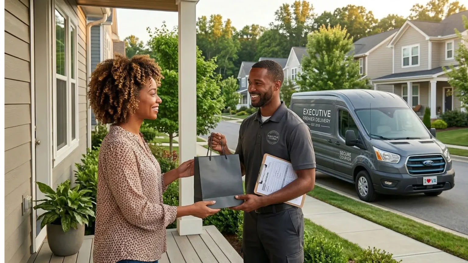 A professional delivery driver in a grey "Executive Premier Delivery" uniform handing a small, discreet black gift bag to a smiling woman on the porch of a suburban home. In the background, a modern grey delivery van is parked on a clean neighborhood street. The scene is bright and friendly, suggesting a high-end, secure, and reliable residential delivery service. The van features "Secure Courier" branding, and the atmosphere is sunny and welcoming.