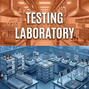 A split-screen graphic titled "TESTING LABORATORY" in bold white capital letters. The top half shows a modern laboratory with fume hoods and scientific equipment in a warm orange color palette. The bottom half shows a wide-angle view of a clinical lab with centrifuges, pipettes, and glass vials in a cool blue color palette.