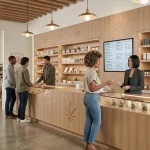 Interior of a modern, upscale cannabis dispensary with a minimalist aesthetic. The shop features light wood cabinetry, warm pendant lighting, and a long wooden service counter with glass display cases. Diverse customers are being assisted by professional staff in a clean, bright retail space. The background includes organized product shelving, a digital menu board listing Indica and Sativa varieties, and a comfortable lounge area with leather seating and indoor plants