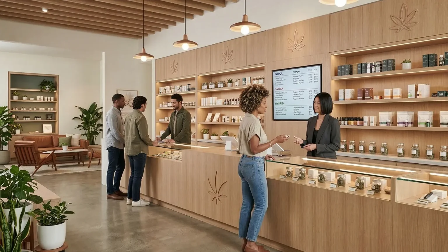Interior of a modern, upscale cannabis dispensary with a minimalist aesthetic. The shop features light wood cabinetry, warm pendant lighting, and a long wooden service counter with glass display cases. Diverse customers are being assisted by professional staff in a clean, bright retail space. The background includes organized product shelving, a digital menu board listing Indica and Sativa varieties, and a comfortable lounge area with leather seating and indoor plants