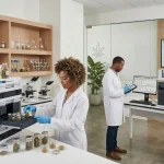 A bright, high-tech scientific laboratory specializing in cannabis quality control. Two technicians in white lab coats and protective eyewear work with sophisticated analytical equipment, including an HPLC (High-Performance Liquid Chromatography) stack and a gas chromatograph. Shelves in the background hold neatly organized glass jars of cannabis flower. A digital screen on the wall displays "Cannabis Testing Protocol - ISO 17025 Accredited." The environment is sterile and professional, featuring minimalist wood accents and indoor plants.
