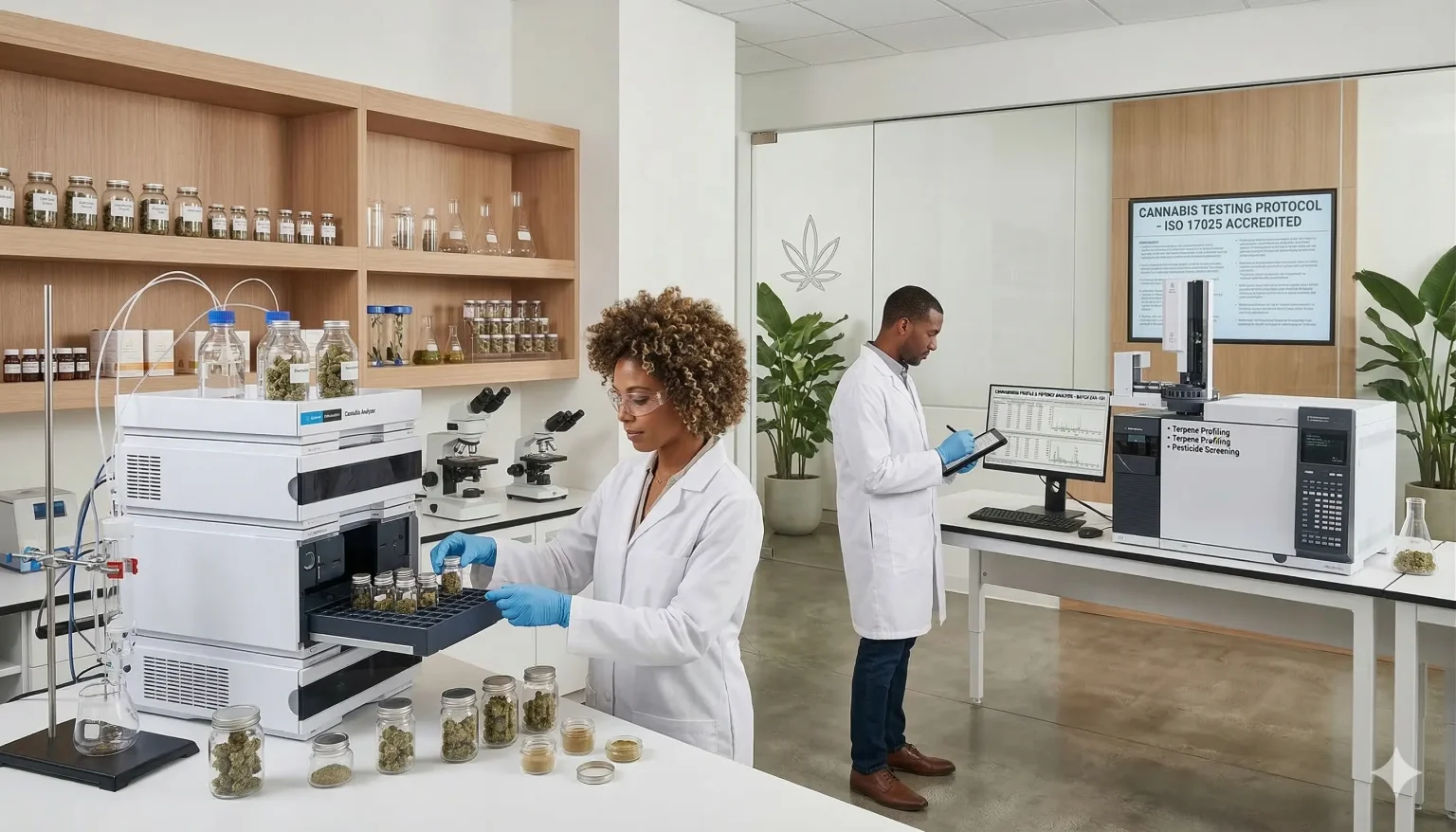 A bright, high-tech scientific laboratory specializing in cannabis quality control. Two technicians in white lab coats and protective eyewear work with sophisticated analytical equipment, including an HPLC (High-Performance Liquid Chromatography) stack and a gas chromatograph. Shelves in the background hold neatly organized glass jars of cannabis flower. A digital screen on the wall displays "Cannabis Testing Protocol - ISO 17025 Accredited." The environment is sterile and professional, featuring minimalist wood accents and indoor plants.