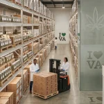 A wide-angle interior photograph of a large, well-organized cannabis wholesaler warehouse with polished concrete floors and extensive industrial-grade metal shelving units. Two managers stand on a raised platform with a glass railing, looking down an aisle where an operator uses a forklift to move a pallet of branded boxes. All shelves are meticulously stocked with glass jars of cannabis buds and cardboard boxes with detailed 'VIRGINIA & NATIONAL OUTBOUND' batch tracking and compliance labels for specific strains and extract products. A digital wall screen displays real-time inventory and volume graphs. The facility has integrated LED strip lighting, and a frosted glass partition features a stylized cannabis leaf and 'I LOVE VA' text in large, bold letters on the rear wall. The overall image is of a clean, compliant, and efficient B2B logistics operation.