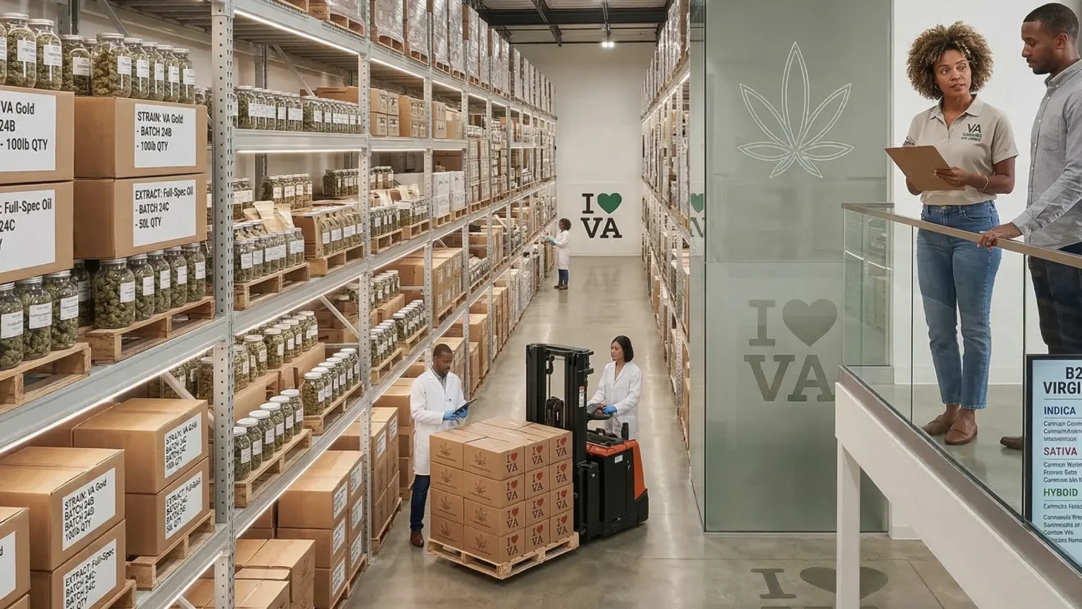 A wide-angle interior photograph of a large, well-organized cannabis wholesaler warehouse with polished concrete floors and extensive industrial-grade metal shelving units. Two managers stand on a raised platform with a glass railing, looking down an aisle where an operator uses a forklift to move a pallet of branded boxes. All shelves are meticulously stocked with glass jars of cannabis buds and cardboard boxes with detailed 'VIRGINIA & NATIONAL OUTBOUND' batch tracking and compliance labels for specific strains and extract products. A digital wall screen displays real-time inventory and volume graphs. The facility has integrated LED strip lighting, and a frosted glass partition features a stylized cannabis leaf and 'I LOVE VA' text in large, bold letters on the rear wall. The overall image is of a clean, compliant, and efficient B2B logistics operation.