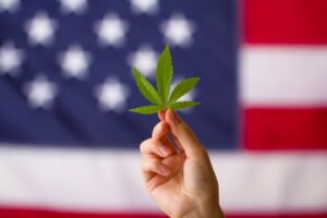 A close-up of a person's hand holding a single green cannabis leaf in front of a blurred American flag background, symbolizing the shift in U.S. cannabis history.