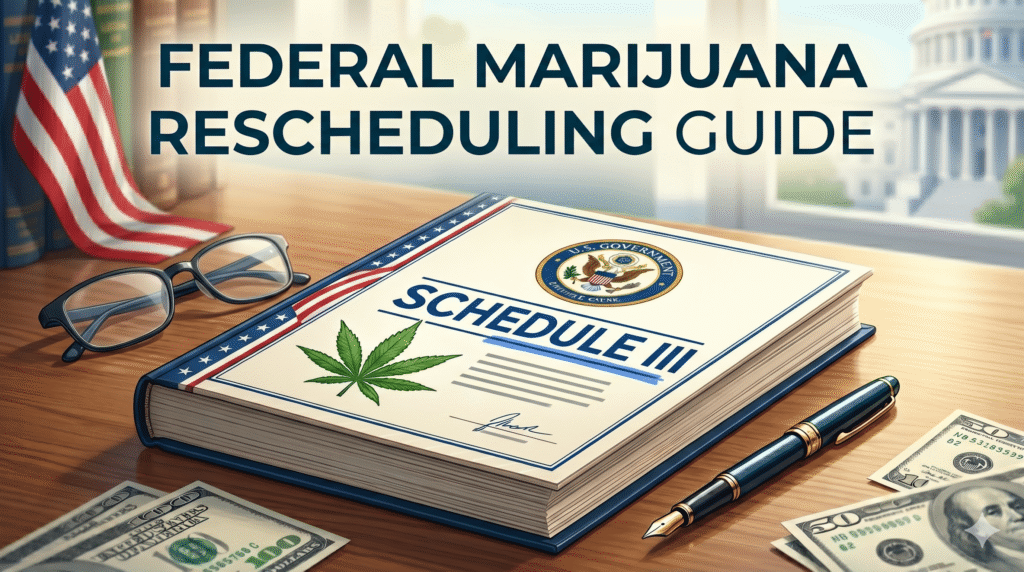 A professional desktop scene featuring a legal book titled "Federal Marijuana Rescheduling Guide" and "Schedule III" with a cannabis leaf icon. The setting includes the U.S. flag, a fountain pen, eyeglasses, and U.S. currency, with the Capitol building visible in the background.