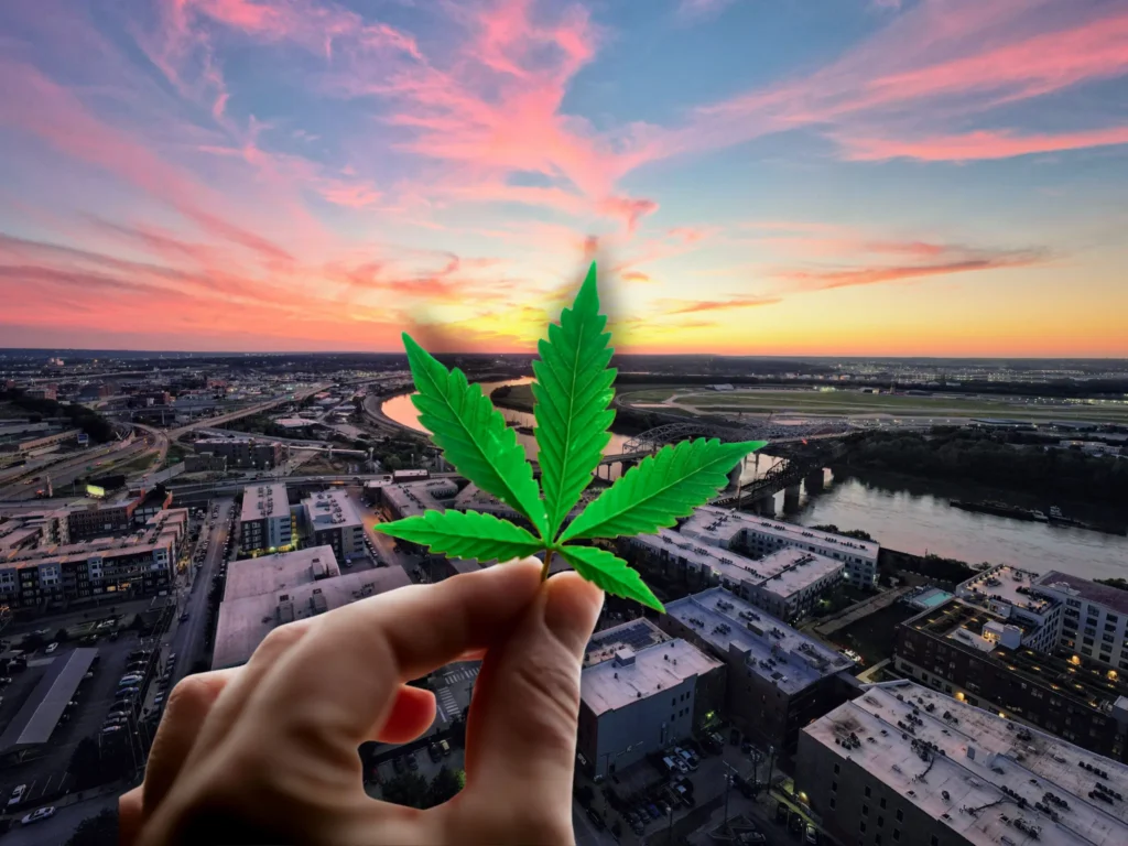 Hand holding a cannabis leaf over a Missouri cityscape at sunset, representing the state's cannabis industry regulations.