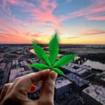 Hand holding a cannabis leaf over a Missouri cityscape at sunset, representing the state's cannabis industry regulations.