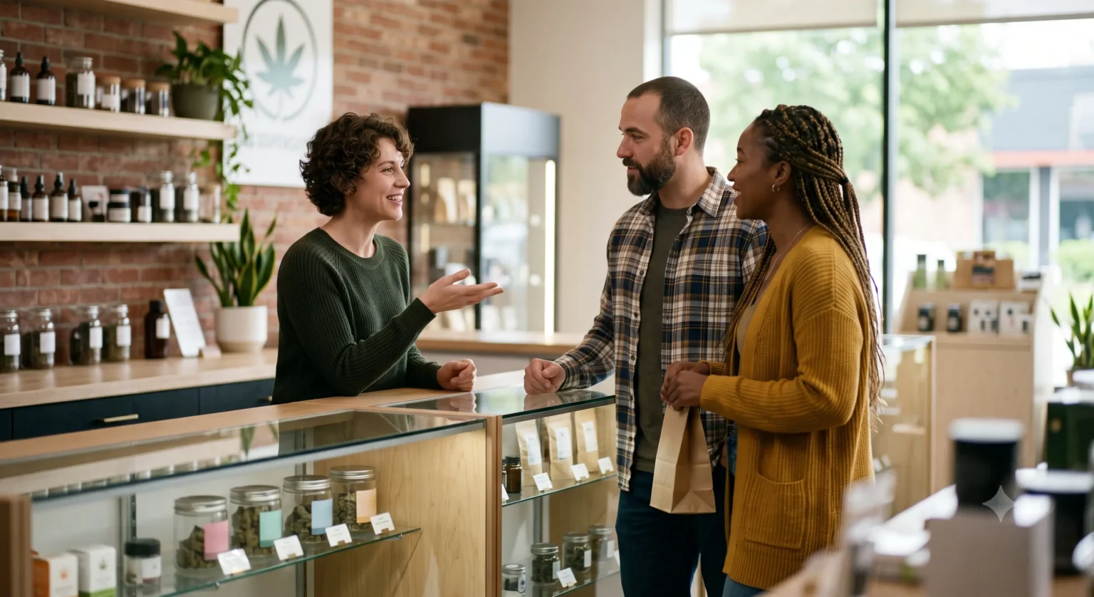 A female budtender gesturing warmly while consulting a diverse couple at a wood and glass display counter inside a bright compliant adult-use cannabis dispensary with exposed brick walls