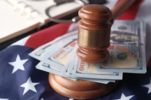 A close-up, high-angle photograph depicting powerful symbols of the American legal system and financial law. In the center, a polished wooden judge's gavel stands upright on its circular sound block, holding down a fanned-out stack of one-hundred-dollar US bills. The entire arrangement rests on a draped American flag, with its white stars against a blue background visible in the lower left. In the softly blurred background, a pair of metallic handcuffs and an open spiral-bound notebook are partially visible, evoking themes of justice, bail, court settlements, or financial crime.