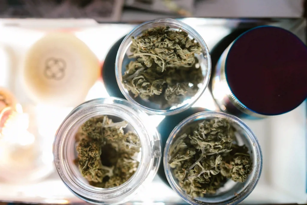 A crisp, top-down photograph showcasing a clean arrangement of cannabis products and accessories, ideal for legal dispensary or lifestyle content. Three clear glass jars, filled to the top with dried green cannabis flower buds, are clustered closely in the center. To the right, a circular herb grinder with a metallic purple lid sits beside the jars. The setup is presented on a brightly lit white surface, with soft background elements like a small round dish with a floral logo. The bright, luminous lighting highlights the texture of the buds and the transparency of the glassware, creating an organized and modern aesthetic.