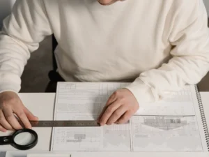 Regulatory compliance consultant conducting a blueprint and floor plan review for a commercial cannabis facility.